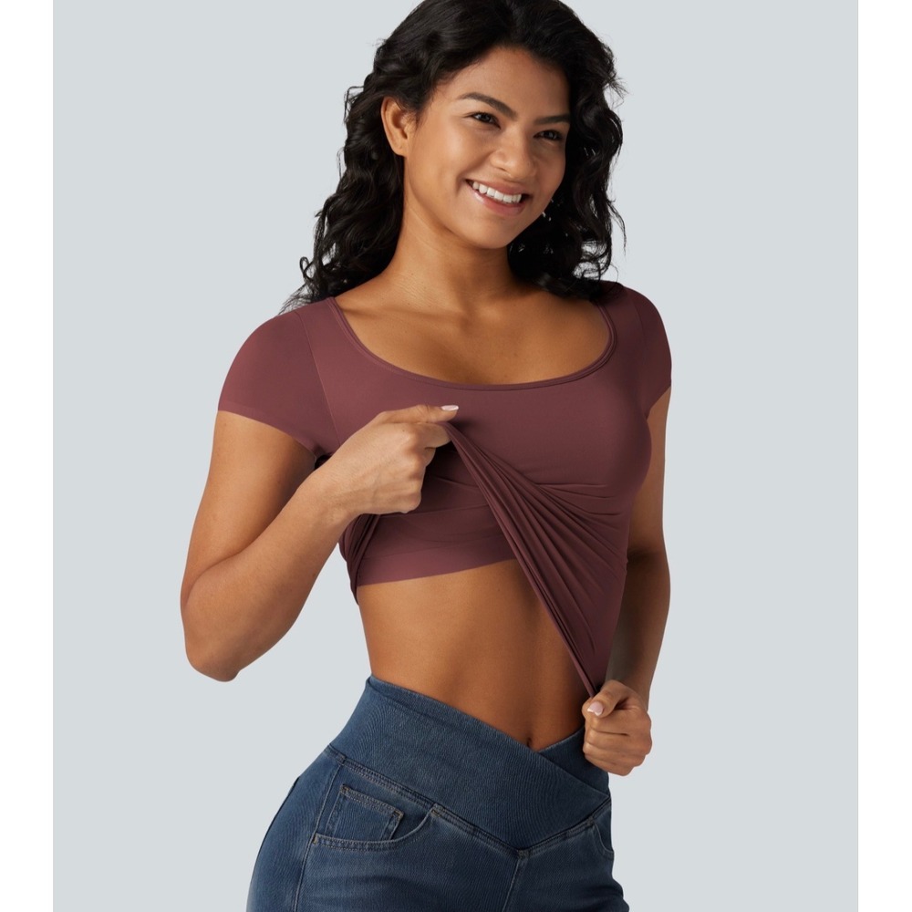 Halara Square Neck Built-in Bra T-Shirt Burgundy Short Sleeve Top Medium B-DD